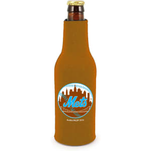 A drink bottle cooler in orange with a blue logo, designed to fit standard bottle sizes.