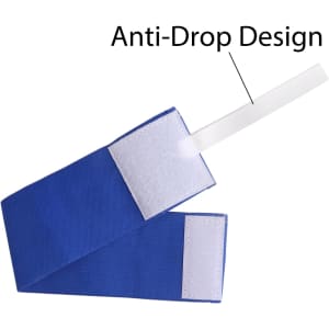 A blue stretchy armband featuring an anti-drop design with a velcro fastening.