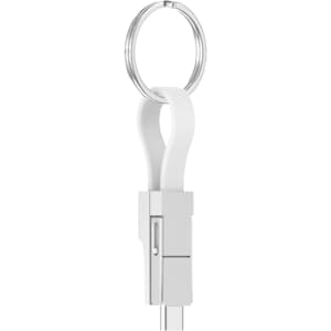 A white magnetic charging cable with a keyring attachment, featuring a sleek design and a silver keyring.