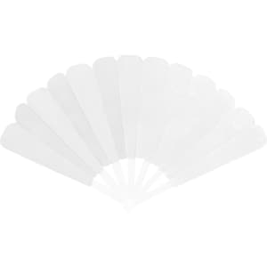 A set of transparent plastic hand fans arranged in a fanned-out position, featuring a white colour scheme.