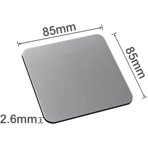 A square metal coaster in silver, measuring 85mm by 85mm and 2.6mm thick, with a simple design.