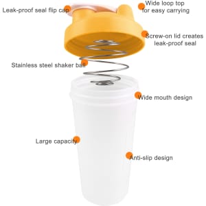 A drink bottle in white with an orange flip cap and a stainless steel shaker ball inside. It features a wide mouth design.
