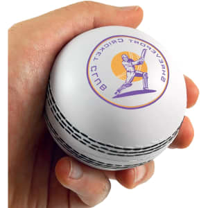 A hand holds a white cricket ball-shaped stress reliever with a logo featuring a cricket player.