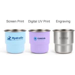 A collection of three 250ML stainless steel camping mugs in blue, purple, and silver, featuring different printing styles.