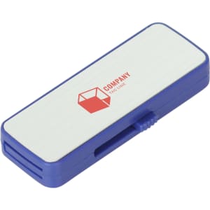 A sliding flash drive in blue and silver, featuring a logo on the front.