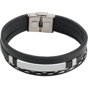 A multi-layer braided leather bracelet in black with silver accents and a metallic clasp.