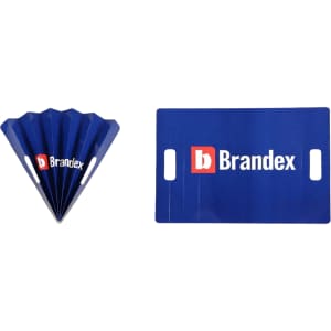A blue Clap Banner displayed in a folded fan shape and a flat rectangular shape, both featuring a logo.