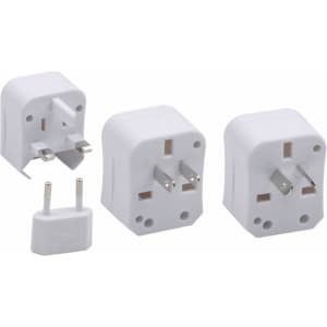 A universal plug travel adapter set featuring four white adapters for different plug types, including a dual pin adapter.