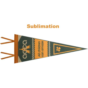 A green felt pennant with a logo, featuring orange accents and a triangular shape.