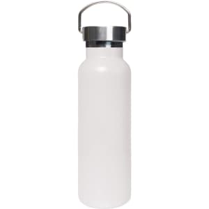 A drink bottle in white with a stainless steel lid and handle, featuring a logo.