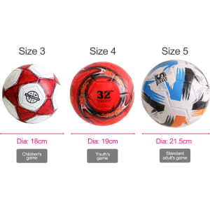 Three soccer balls in varying sizes: red and white for Size 3, red for Size 4, and multi-coloured for Size 5. All feature logos.