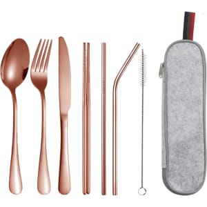 A stainless steel flatware set featuring rose gold utensils, including a spoon, fork, knife, and straws, in a grey case.