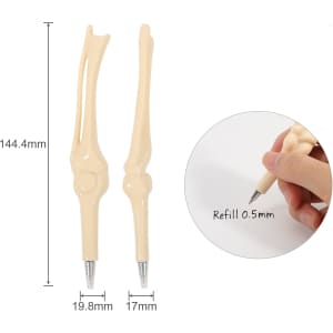 A knee joint bone pen in a light beige colour, featuring a refillable 0.5mm black ink tip, with dimensions shown.