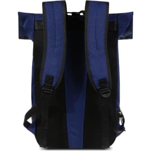 A blue roll top backpack with black straps and mesh detailing, featuring adjustable shoulder straps and a logo.
