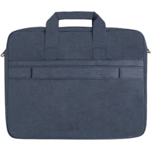 A navy blue laptop bag featuring dual handles and a front pocket, designed to hold a laptop securely.