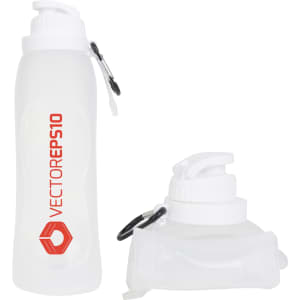 A drink bottle in white silicone, featuring a logo and a collapsible design for easy storage.