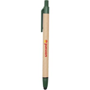 A stylus pen with a green top and a natural wood barrel, featuring a branding logo.