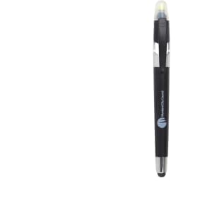 A black ball pen with a highlighter tip and a stylus, featuring a logo on the barrel.