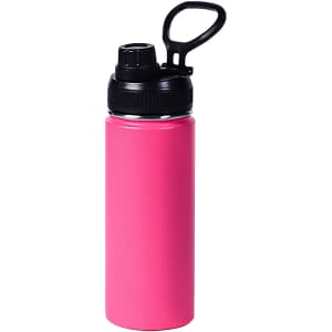 A pink stainless steel drink bottle with a black lid and a carry handle. Features a sleek, double wall vacuum design.