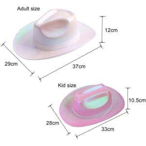 Iridescent cowboy hats in adult and kid sizes, featuring a shiny, reflective design with pink and white tones.