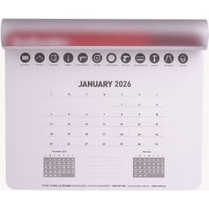 A mouse mat featuring a calendar design for January 2026, predominantly white with black icons and a logo.