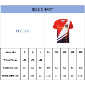 A red and white sublimated football jersey with a dynamic design and a logo on it. Features a size chart next to it.