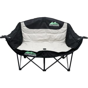 A foldable portable camping chair in black and grey, featuring a logo on the backrest and a sturdy frame.