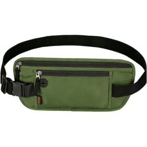A green fanny pack with RFID blocking features, featuring multiple zippered compartments and a black adjustable strap.