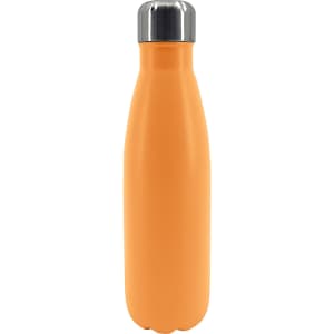 A drink bottle in vibrant orange, made of recycled stainless steel with a double-wall vacuum design and a metallic cap.