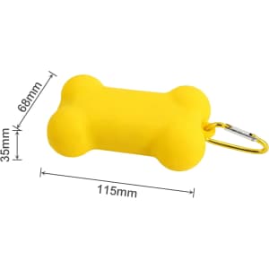 A yellow silicone bone-shaped dog poop bag dispenser with a carabiner clip. Dimensions: 115mm x 68mm x 35mm.