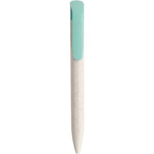 A Wheat Straw Click Pen in white with a mint green clip, featuring a logo on the barrel.