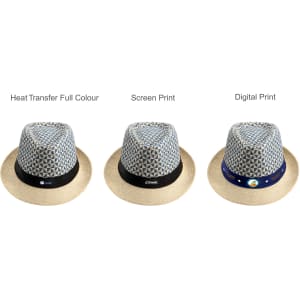 A straw woven top hat with a light blue patterned crown and a dark band, available in three print styles.