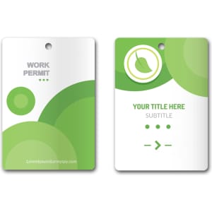 Medium unique printed name tag in green, featuring circular patterns and a hole for attachment; front and back design included.
