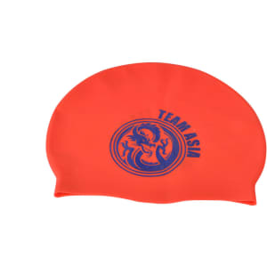 An orange swimming cap featuring a logo and the text "TEAM ASIA."