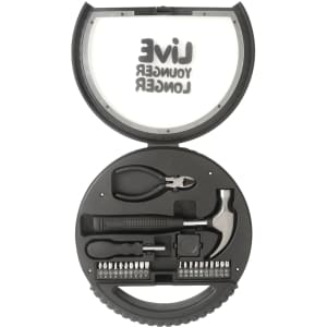A black car wheel tool kit featuring various tools, including a hammer, pliers, and a selection of screwdriver bits.