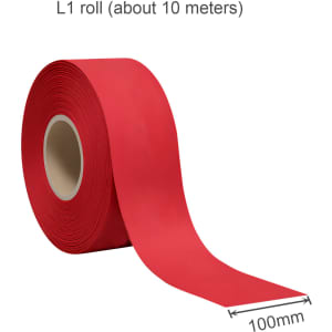 A roll of red ribbon, approximately 10 metres long and 100mm wide, on a cardboard core.