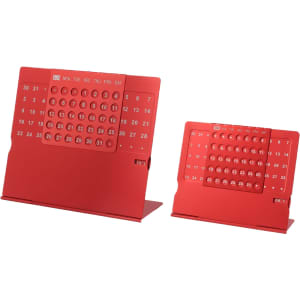 A red aluminium desk calendar with two sizes, featuring large date and day grids and a branding logo.