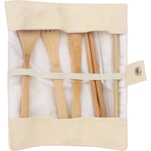 A bamboo cutlery set containing six pieces, displayed in a cream-coloured carrying case. The set includes a fork, knife, and spoon.