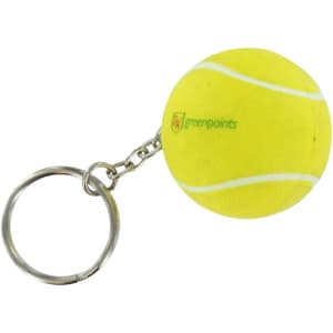 A yellow tennis ball stress item attached to a keyring, featuring a logo.