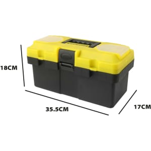 A tool box in black and yellow, featuring a sturdy handle and two secure latches, measuring 35.5 cm wide.