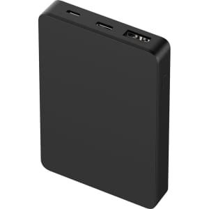 A black square power bank with multiple ports, including USB and USB-C, showcasing a sleek design.