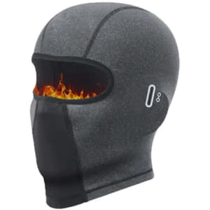 A black winter balaclava cycling face mask with a fiery graphic on the front and a logo on the side.