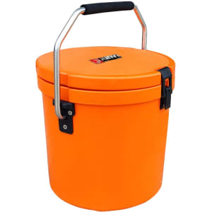 An orange 12L ice bucket with a silver handle and a locking mechanism, featuring a logo on the lid.