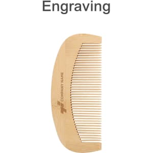 A bamboo small comb with fine and wide teeth, featuring a logo or branding on the side.