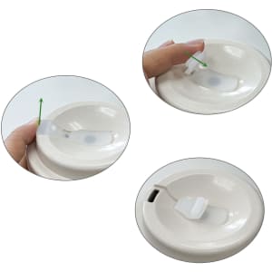 A coffee cup lid with a sliding opening mechanism in a light beige colour, featuring a hand demonstrating its use.