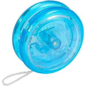 A blue transparent yoyo with a string, featuring a simple design and a visible interior mechanism.