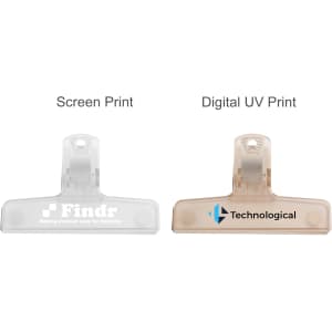 Translucent plastic magnetic clips in clear and light brown colours, featuring different printed designs on each.