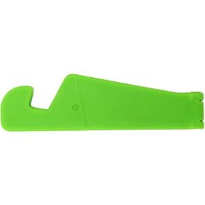 A V-shaped green stand for iPhones and iPads, featuring a sleek design and a logo.