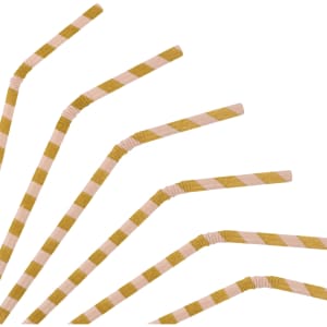 Bendable drinking paper straws in pink and gold stripes arranged in a fan shape, featuring a branding logo.