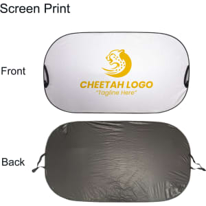A light-blocking car sun shade featuring a white front with a logo and a black back.